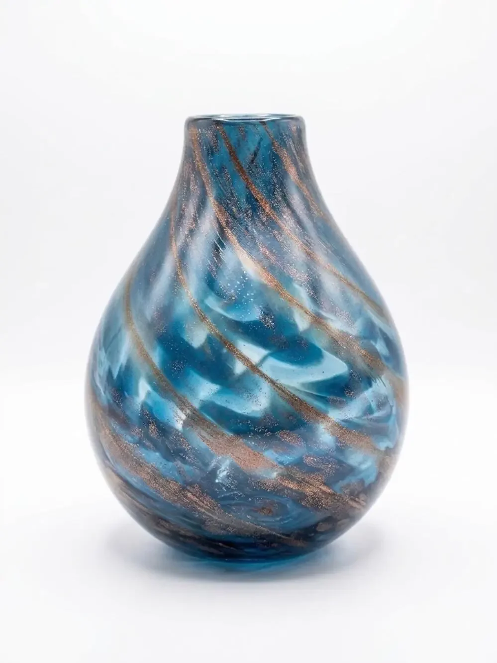 Vintage Hand Blown Blue Art Glass Vase Copper Gold Aventurine Swirl Teardrop 11